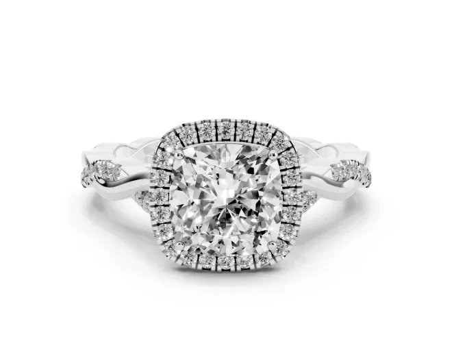 Cushion Cut Diamond Halo Twist Band Solitaire Ring Set in White gold with Prong Setting