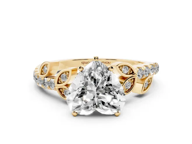 Heart-Shaped Leaf Pavé Engagement Ring Setting | Leaf Motif Shoulders | Yellow Gold