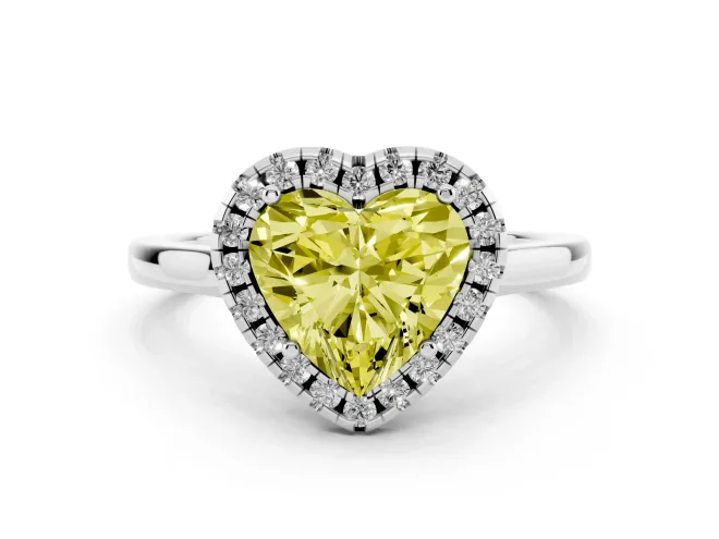 Fancy Yellow Heart Cut Halo Round Diamond Solitaire Ring Set in Silver with Pavé Band and Prong Setting