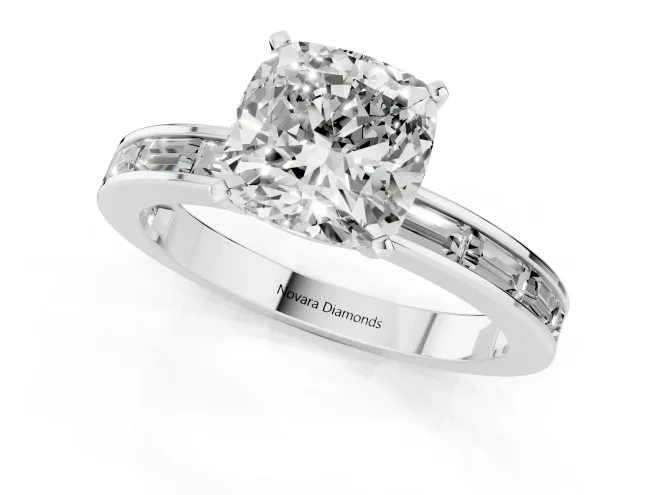 Cushion Cut Diamond Solitaire Ring Set in White gold with Channel-Set Baguette Band and Prong Setting – second view