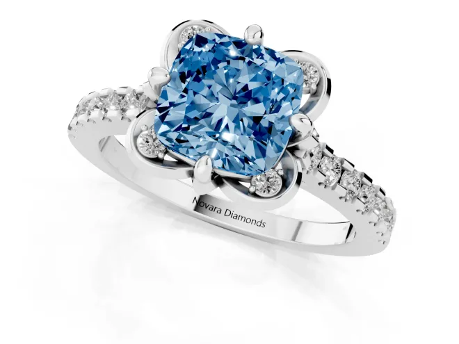Fancy Blue Cushion Cut Diamond Solitaire Ring Set in White gold with Pavé Band and Floral Prong Setting – second view