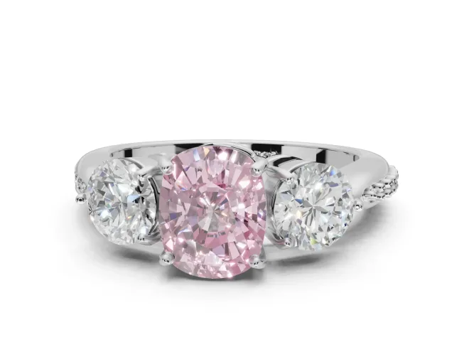 Cushion Cut Three Stone Engagement Ring Setting for a Fancy Pink Lab-Grown Diamond | Tapered Pave Band | Sterling Silver