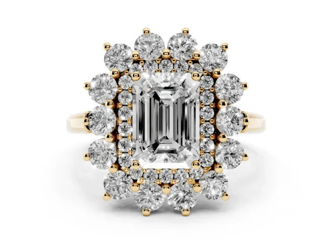 Emerald Cut Diamond Floral Double Halo Ring Set in Yellow gold with Round Petals