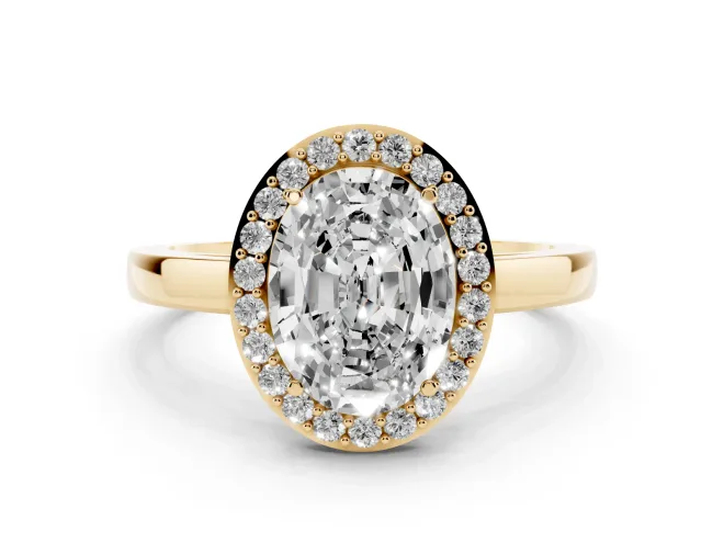 Oval Cut Diamond Halo Ring Set in Yellow gold with Solitaire Band and Prong Setting