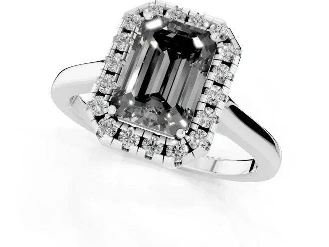 Fancy Black Emerald Cut Halo Round Diamond Solitaire Ring Set in Silver with Pavé Band and Prong Setting – second view