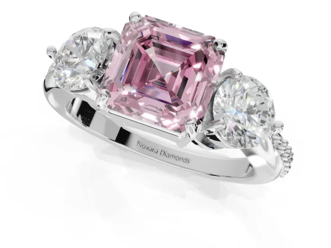 Asscher Cut Three Stone Engagement Ring Setting for a Fancy Pink Lab-Grown Diamond | Tapered Pave Band | Sterling Silver – second view