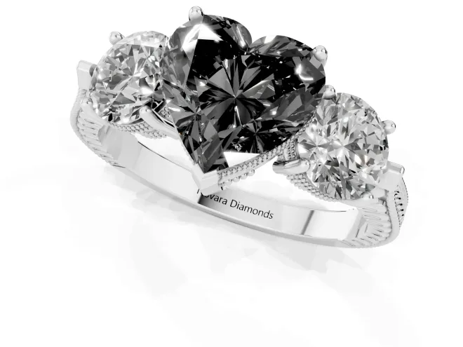 Fancy Black Heart Cut Diamond Three-Stone Ring Set in White gold with Milgrain Band – second view