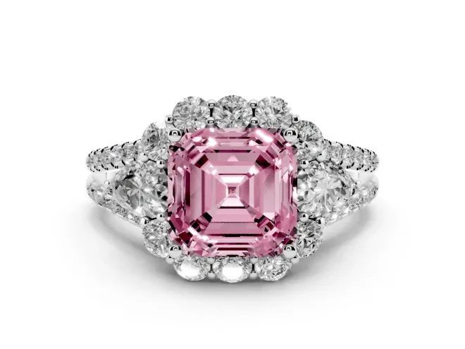 Asscher Cut Scalloped Halo Engagement Ring Setting for a Fancy Pink Lab-Grown Diamond | Pear Side Stones | White Gold