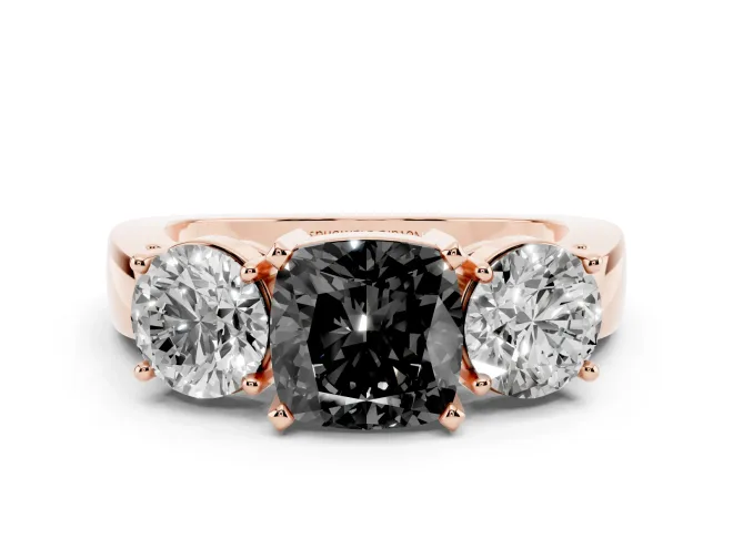 Fancy Black Cushion Cut Diamond Three-Stone Ring Set in Rose gold with Round Side Stones and Classic Band