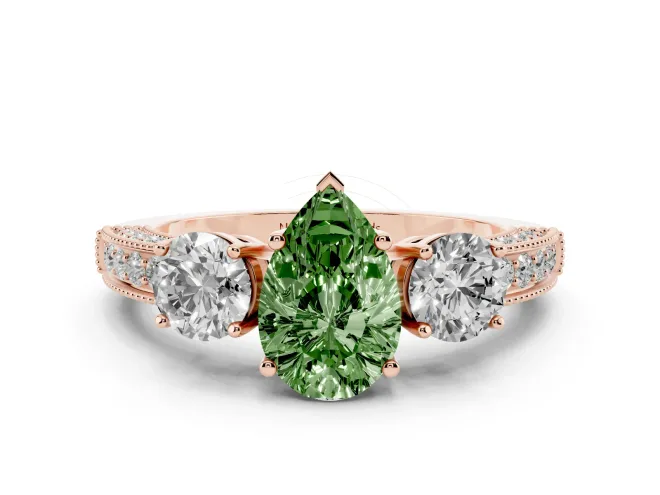 Fancy Green Pear Cut Diamond Three-Stone Ring Set in Rose gold with Round Side Stones and Pavé Band