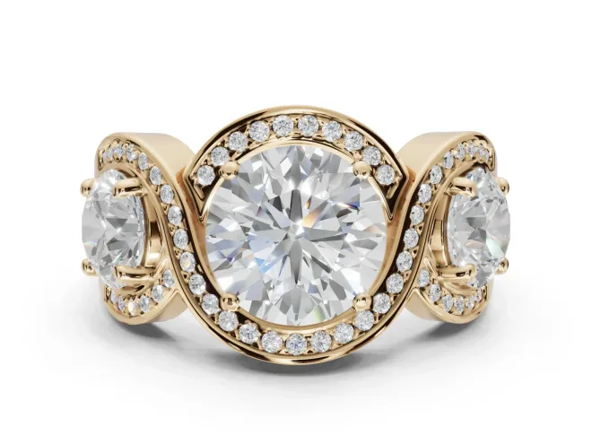 Round Three Stone Halo Engagement Ring Setting | Pavé Wave Band | Yellow Gold