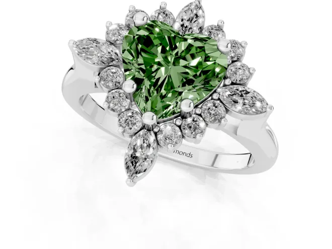 Fancy Green Heart Cut Diamond Cluster Halo Ring Set in Platinum with Marquise and Round Accents – second view