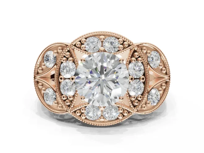 Round Vintage Floral Halo Engagement Ring Setting | Engraved Milgrain Band | Rose Gold