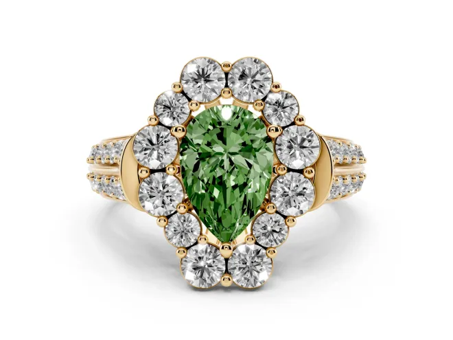 Pear-Shaped Large Accent Halo Engagement Ring Setting for a Fancy Green Lab-Grown Diamond | Graduated Pavé | Yellow Gold