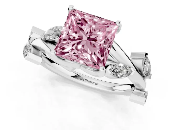 Fancy Pink Princess Cut Diamond Solitaire Ring Set in White gold with Twisted Marquise Accent Band – second view