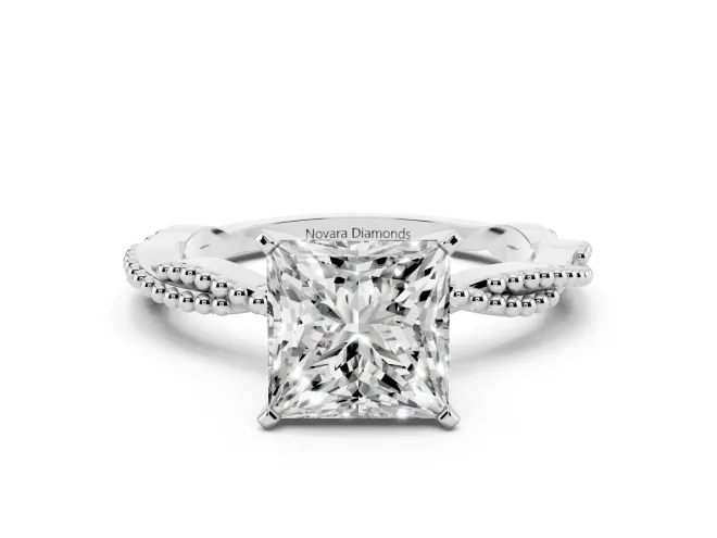 Princess Cut Diamond Solitaire Ring Set in Silver with Twisted Band and Bead Prong Setting