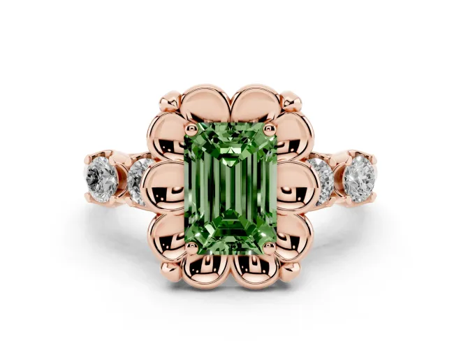 Emerald Cut Floral Engagement Ring Setting for a Fancy Green Lab-Grown Diamond | Petal Frame and Side Stones | Rose Gold