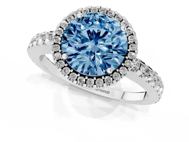 Fancy Blue Round Cut Diamond Halo Ring Set in White gold with Pavé Shoulders and Halo-Framed Center – second view