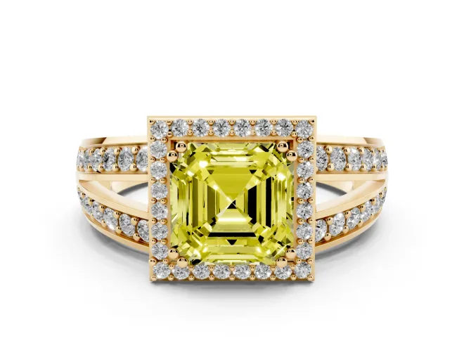 Asscher Cut Halo Engagement Ring Setting for a Fancy Yellow Lab-Grown Diamond | Two-Row Pavé Split Shank | Yellow Gold