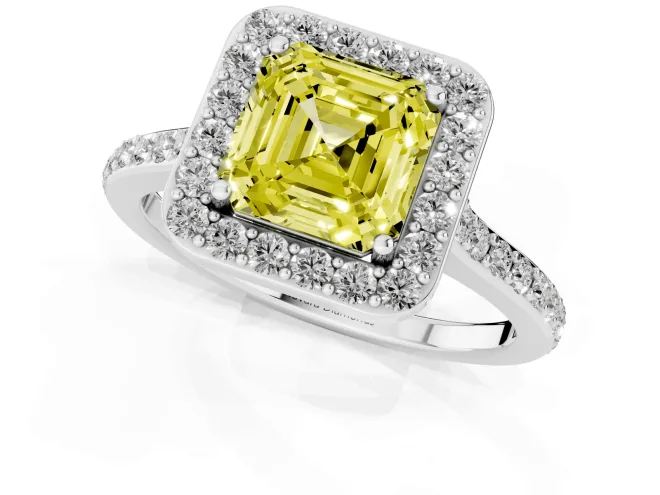 Fancy Yellow Asscher Cut Diamond Halo Engagement Ring Set in Platinum with Round Pavé Shoulders and Heart Gallery – second view