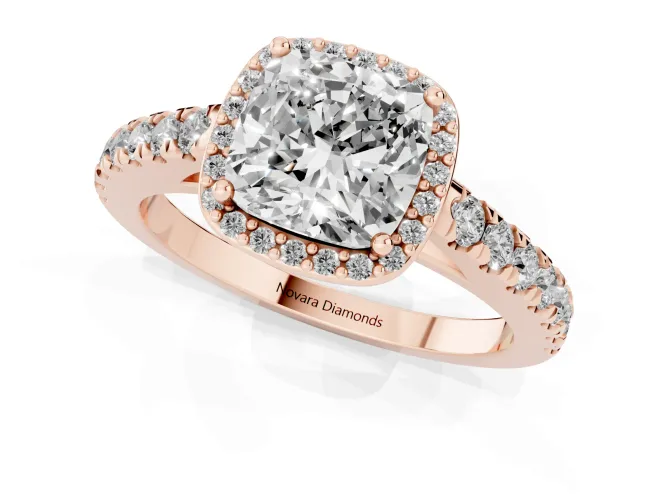Cushion Cut Diamond Halo Engagement Ring Set in Rose gold with Pavé Band and Prong Setting – second view