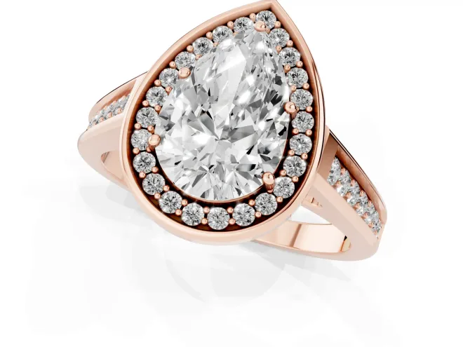 Pear Cut Diamond Halo Solitaire Ring Set in Rose gold with Pavé Band and Bezel Setting – second view