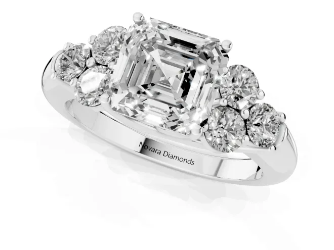 Asscher Cut Diamond Cluster Ring Set in Silver with Round Accent Stones and Prong Setting on a Plain Band – second view