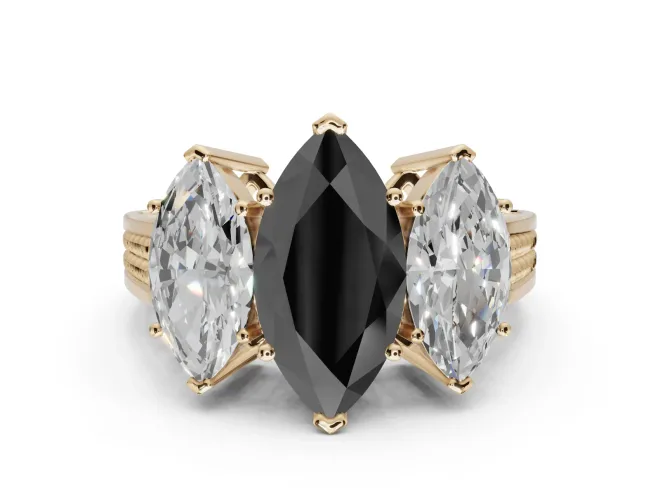 Fancy Black Marquise Lab-Grown Diamond Three-Stone Ring Set in Yellow Gold with Textured Band