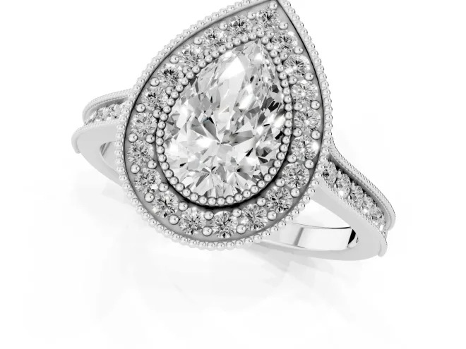 Pear Cut Diamond Halo Milgrain Pavé Band Ring Set in White gold with Prong Setting – second view