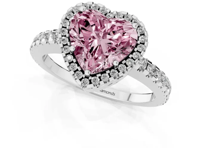 Fancy Pink Heart Cut Diamond Halo Ring Set in Platinum with Pavé Shoulders and Halo-Framed Center – second view