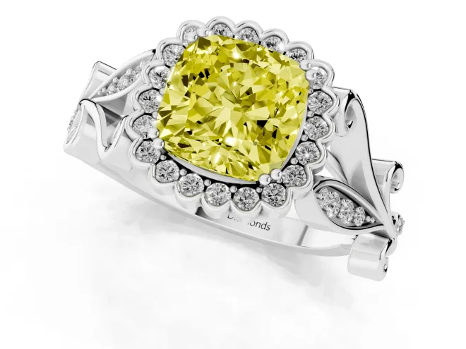 Fancy Yellow Cushion Cut Diamond Halo Ring Set in White gold with Leaf Motif Split Shank and Prong Setting – second view