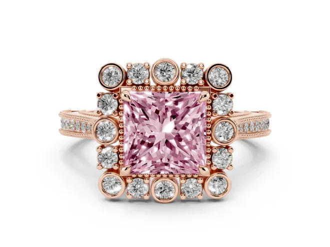 Princess Cut Scalloped Halo Engagement Ring Setting for a Fancy Pink Lab-Grown Diamond | Milgrain Edges | Rose Gold