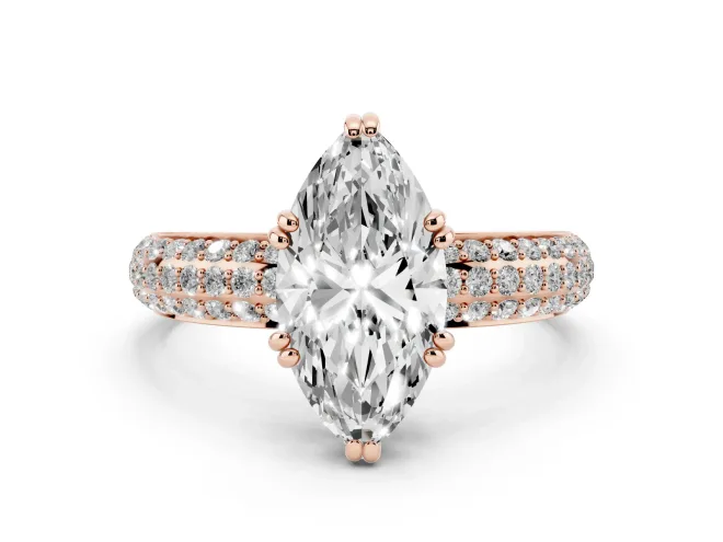 Marquise Three Row Pavé Solitaire Engagement Ring Setting | Double Claw Prongs | Rose Gold