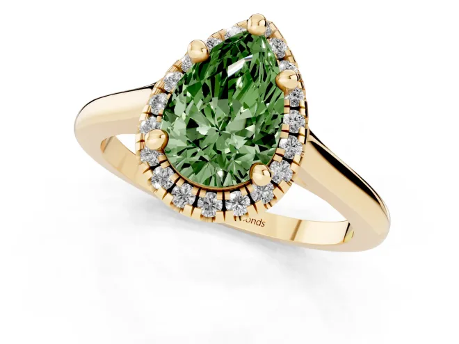 Fancy Green Pear Cut Diamond Halo Engagement Ring Set in Yellow gold with Pavé Band and Rising Shoulders – second view