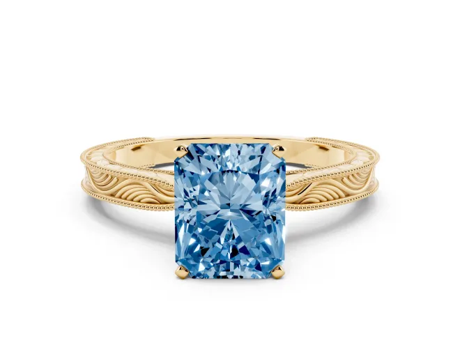 Radiant Cut Engraved Engagement Ring Setting for a Fancy Blue Lab-Grown Diamond | Yellow Gold