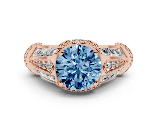 Fancy Blue Round Cut Diamond Vintage-Inspired Milgrain Ring Set in Rose gold with Accent Split Shank