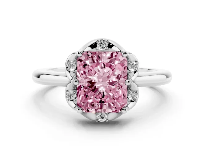 Fancy Pink Radiant Cut Diamond Round Cluster Halo Ring Set in Platinum with Solitaire Band and Prong Setting
