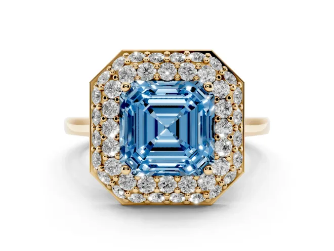 Asscher Cut Pavé Halo Engagement Ring Setting for a Fancy Blue Lab-Grown Diamond | Slim Plain Band | Yellow Gold