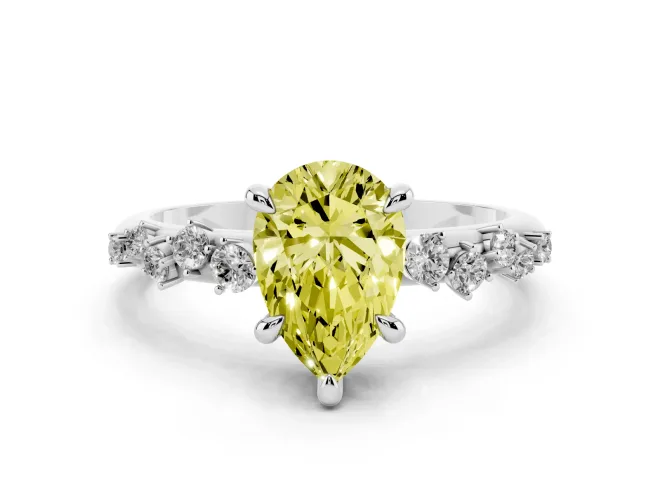 Fancy Yellow Pear Cut Diamond Solitaire Vine Band Ring Set in White gold with Round Accents and Prong Setting