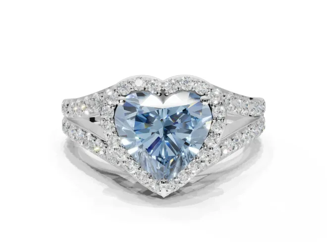 Heart-Shaped Halo Pavé Engagement Ring Setting for a Fancy Blue Lab-Grown Diamond | Narrow Split Shank | Platinum