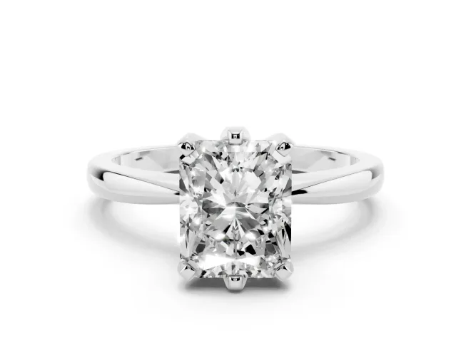 Radiant Cut Diamond Solitaire Engagement Ring Set in Platinum with Slim Tapered Solitaire Band