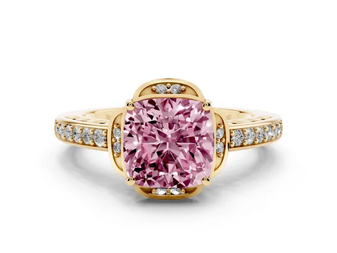 Cushion Cut Floral Pavé Engagement Ring Setting for a Fancy Pink Lab-Grown Diamond | Yellow Gold