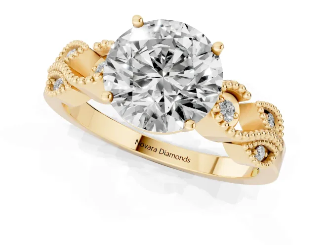 Round Cut Diamond Milgrain Leaf Band Solitaire Ring Set in Yellow gold with Accent Stones and Prong Setting – second view