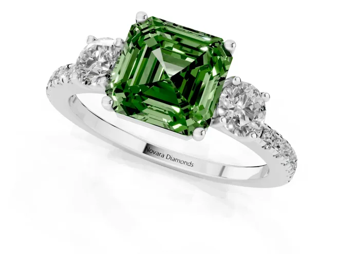 Fancy Green Asscher Cut Diamond Three-Stone Ring Set in Silver with Pavé Band and Graduated Sides – second view