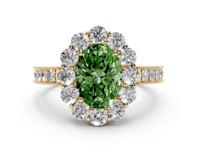 Oval Vintage Halo Engagement Ring Setting for a Fancy Green Lab-Grown Diamond | Yellow Gold