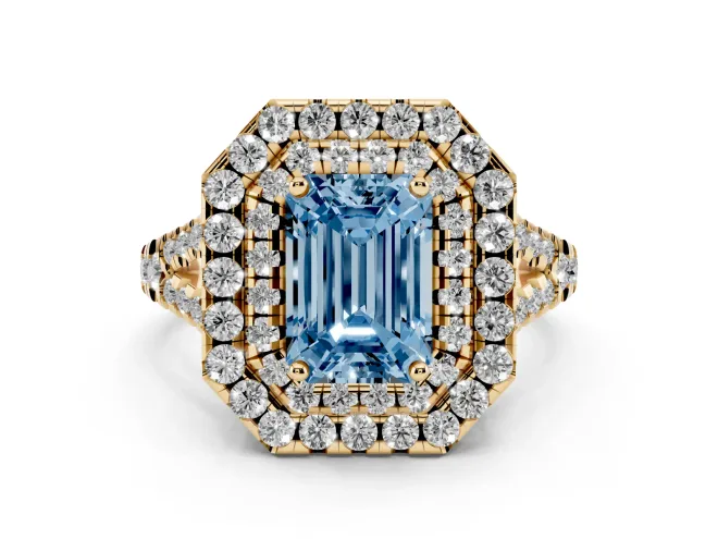 Emerald Cut Halo Split Shank Engagement Ring Setting for a Fancy Blue Lab-Grown Diamond | Pavé Strands | Yellow Gold