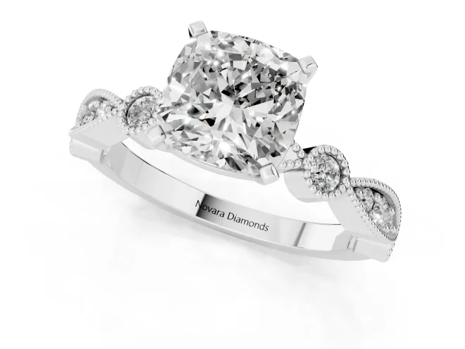 Cushion Cut Diamond Solitaire Engagement Ring Set in White gold with Milgrain Bezel Accent Band – second view