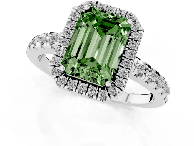 Fancy Green Emerald Cut Diamond Halo Ring Set in Silver with Delicate Pavé Band and Prong Setting – second view