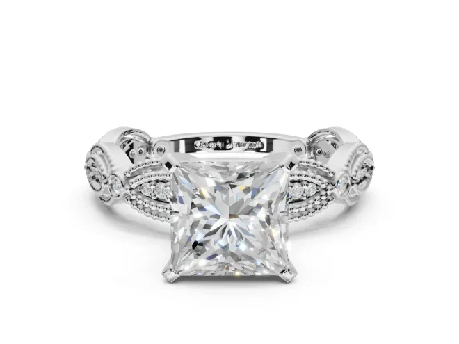Princess Cut Vintage Milgrain Engagement Ring Setting | Graduated Stations | White Gold