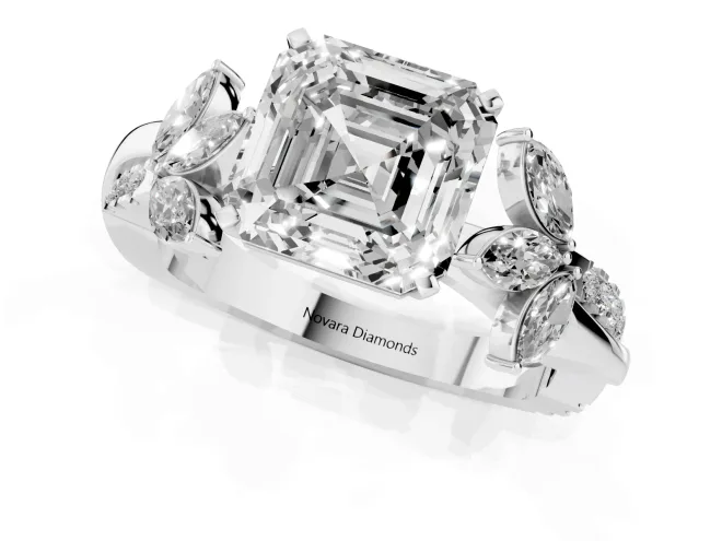 Asscher Cut Diamond Floral Vine Solitaire Engagement Ring Set in Silver with Marquise Leaves – second view